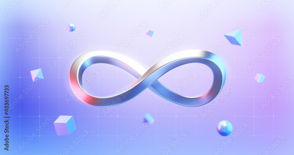 Fototapete Endless infinity sign of virtual reality metaverse digital innovation game or internet future online simulation media cyber and world on connection technology 3d background with visual interaction.
