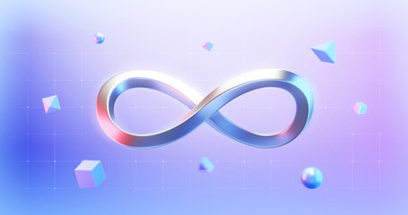 Endless infinity sign of virtual reality metaverse digital innovation game or internet future online simulation media cyber and world on connection technology 3d background with visual interaction.