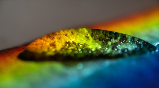 Raindrop on green leaf in rays of rainbow. Beauty of natural color in drop of ultra-macro. Bright colors excite delight