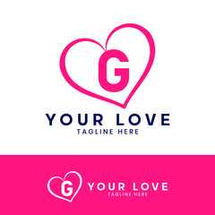 G letter logo with heart icon, valentines day concept