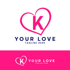 K letter logo with heart icon, valentines day concept