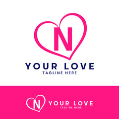 N letter logo with heart icon, valentines day concept