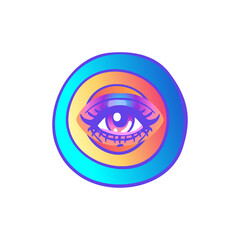 Rainbow colored eye. Flag of LGBT community inside eyeball. Vector illustration for sticker, pin, greeting card, poster, patch, t-shirt prints.