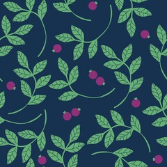 Seamless vintage pattern. Green leaves, purple berries. Dark blue background. vector texture. fashionable print for textiles, wallpaper and packaging.