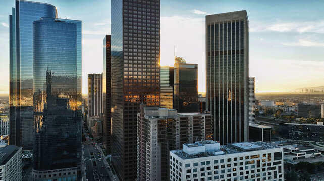 Los Angels city center. Los angeles aerial view, with drone. Los Angeles downtown skyline. LA background. Los Angels city center. Cityscapes background. © Volodymyr