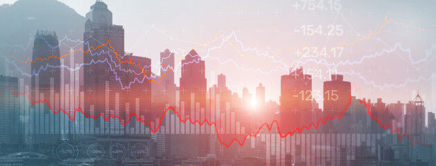 Double exposure Financial graphs and diagrams. Business, economics and investment concept on modern city background