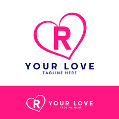 R letter logo with heart icon, valentines day concept