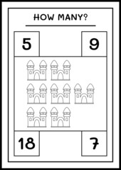 How many Castle, game for children. Vector illustration, printable worksheet