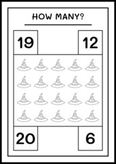 How many Witch Hat, game for children. Vector illustration, printable worksheet