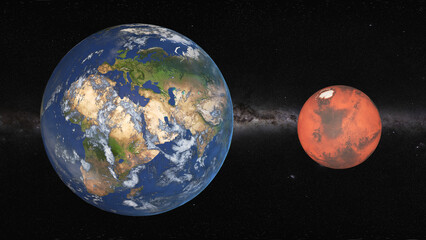 realistic 3d illustration of Earth and Mars planet size comparison. 8k resolution space renderings