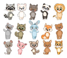 Cartoon animals. Lovely plush toys. Children characters baby. Big set. Isolated on white background. Vector