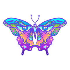 Fototapeta na wymiar Hand drawn butterfly in bright neon colors. Han drawing design for t-shirt print or tattoo. Isolated on white vector illustration. Sticker, patch, poster graphic design.