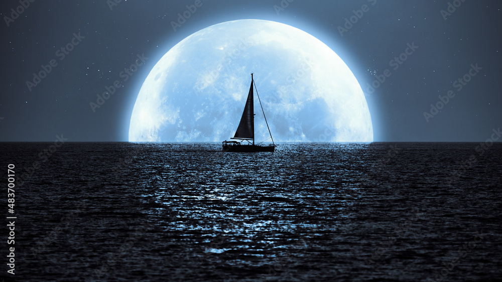 Wall mural Full Moon and Millky way rising above ocean sea horizon with sailing boat silhouette.