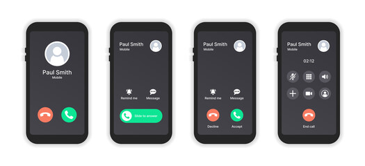 Phone call screen interface collection. Mobile phone display. Vector illustration. - obrazy, fototapety, plakaty