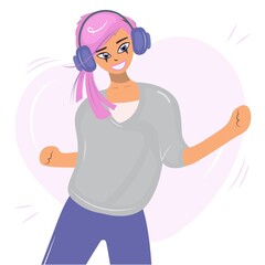 A cheerful emo girl listens to music and dances. A cute teenager with pink hair on the background of a heart in headphones. Vector isolated flat cartoon illustration.