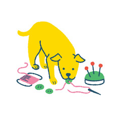 裁縫道具とボタンを咥える犬