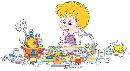 Household chores, a little boy going to wash dishes, pans, forks and spoons in a kitchen sink after dinner at home, vector cartoon illustration isolated on a white background