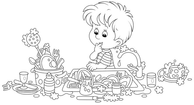 Household chores, a little boy going to wash dishes, pans, forks and spoons in a kitchen sink after dinner at home, black and white outline vector cartoon illustration for a coloring book