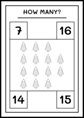 How many christmas tree, game for children. Vector illustration, printable worksheet