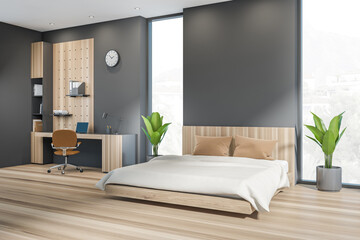 Grey empty wall, modern bedroom interior and home office with panoramic window, comfortable bed. Laptop on desk. Concept of modern life. Mockup copy space. 3d rendering.