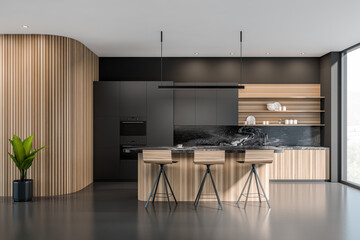 Dark kitchen room interior with double oven, dining table, window