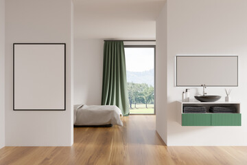 Modern hotel room interior with king size bed, ceramic sink. Green tile, White framed poster on wall. Hardwood flooring. Panoramic window. 3d rendering.