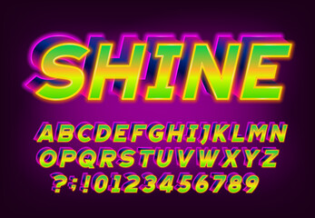 Shine alphabet font. 3D neon letters and numbers. Stock vector typeface for your typography in retro 80s style.