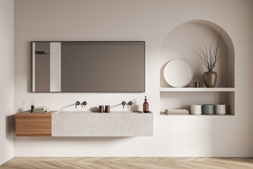 Modern bathroom interior with ceramic double sink, mirror. White walls, hardwood flooring. 3d rendering.