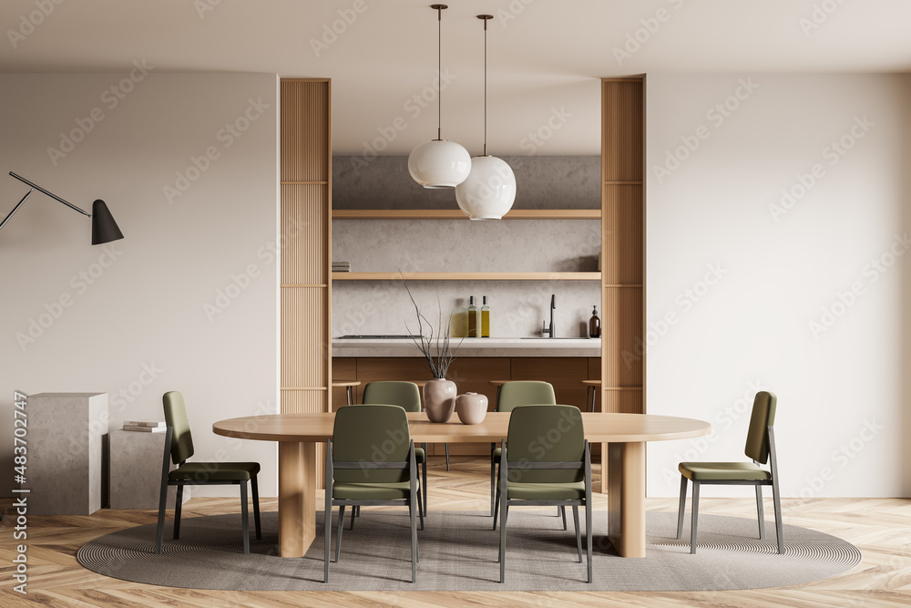 Wall mural Light kitchen interior with chairs and table, dining room and appliances