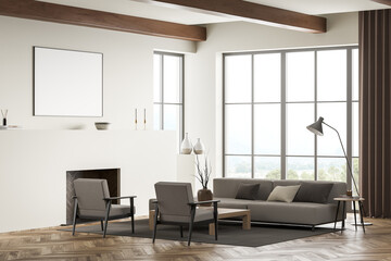 Light living room interior with armchairs and sofa near window, mockup poster