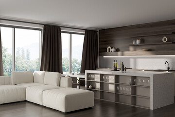 Corner view on dark kitchen interior with panoramic window, sofa