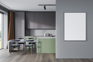 Dark kitchen interior with empty white poster, panoramic window, table