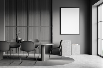 Dark dining room interior with seats and table, mockup poster