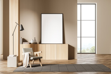 Guest room interior with seat and drawer, panoramic window. Mockup poster