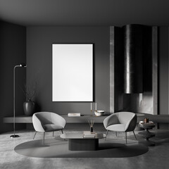 Copy space mockup wall poster in villa living room design interior, grey furniture, dark walls, concrete flooring, armchair, fireplace. Concept of relax. 3d rendering