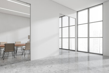 Light office room behind glass doors, panoramic windows and mockup