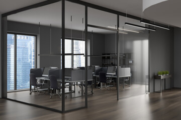 Dark office room interior with panoramic window with city view
