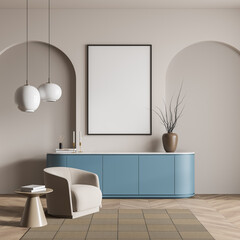 Copy space mockup wall poster over blue cabinet in villa living room design interior, beige furniture, white walls, hardwood flooring, armchair with lamp. Concept of relax. 3d rendering