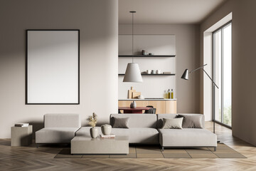 Naklejka na ściany i meble Copy space mockup wall with poster in villa living room, open space kitchen, design interior, modern furniture, hardwood flooring, huge couch. Concept of relax. 3d rendering