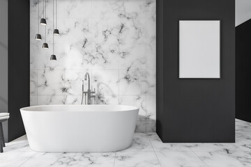 Naklejka na ściany i meble Modern bathroom interior with ceramic bathtub and white framed poster on wall. Tiled marble flooring. Panoramic window. No people. Mockup. 3d rendering.