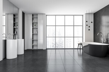 Obraz premium Modern bathroom interior with gray ceramic bathtub and two white sinks. Grey tiled flooring. Panoramic window. No people. 3d rendering.