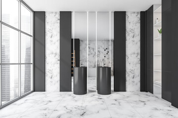 Modern bathroom interior with two black ceramic sinks. Marble tiled flooring. Panoramic window. No people. 3d rendering.