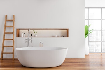 Naklejka na ściany i meble Modern bathroom interior with white ceramic bathtub. Hardwood flooring. Panoramic window. Ladder. No people. 3d rendering.
