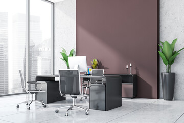 Stylish corner view office with top manager workspace area and panoramic window. Red brown and concrete wall