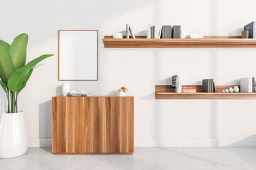 White office or living room interior with cabinet and white mock up poster