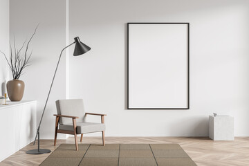 Bright living room interior with empty white poster, armchair