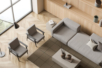 Fototapeta na wymiar Modern villa living room design interior, wooden furniture, hardwood flooring, huge couch, two armchairs. Top view. Concept of relax. 3d rendering