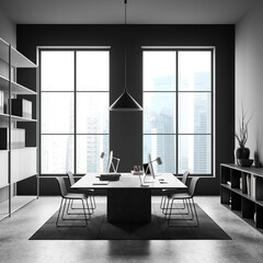 Dark office room interior with two desktops, panoramic window