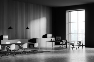 Business interior with desk and seats, meeting room and panoramic window