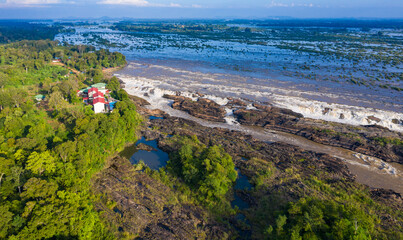 Aerial panoramic 4000 islands Mekong River in Laos, Li Phi waterfalls, famous travel destination backpacker in South East Asia.
